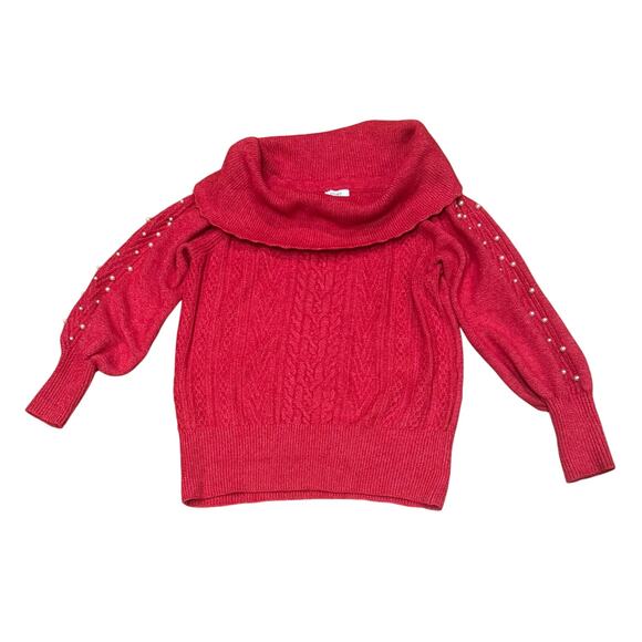 NWT Crown & Ivy Medium Cowl neck 2 in 1 Red Hots Pearl Puff Sleeve Sweater Soft - Picture 1 of 7